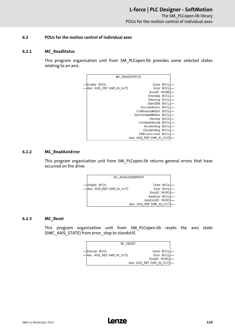 2 pous for the motion control of individual axes, 1 mc_readstatus, 2 mc_readaxiserror | 3 mc_reset, Pous for the motion control of individual axes, Mc_readstatus, Mc_readaxiserror, Mc_reset, L-force | plc designer - softmotion | Lenze PLC Designer PLC-Designer (R2-x) SoftMotion User Manual | Page 110 / 290