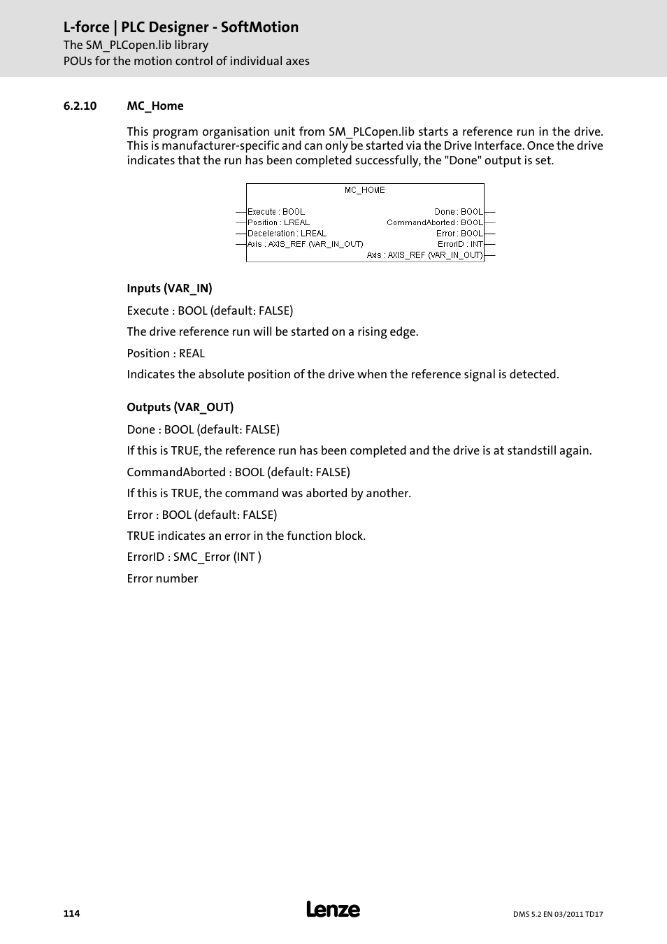 10 mc_home, Mc_home | Lenze PLC Designer PLC-Designer (R2-x) SoftMotion User Manual | Page 114 / 290