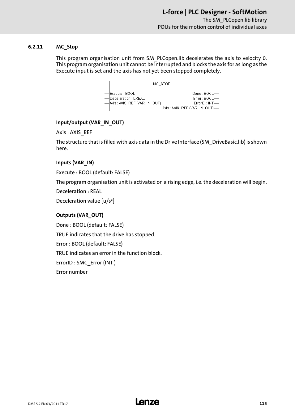 11 mc_stop, Mc_stop | Lenze PLC Designer PLC-Designer (R2-x) SoftMotion User Manual | Page 115 / 290