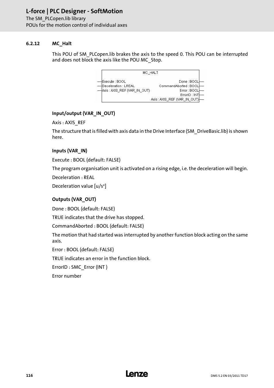 12 mc_halt, Mc_halt | Lenze PLC Designer PLC-Designer (R2-x) SoftMotion User Manual | Page 116 / 290