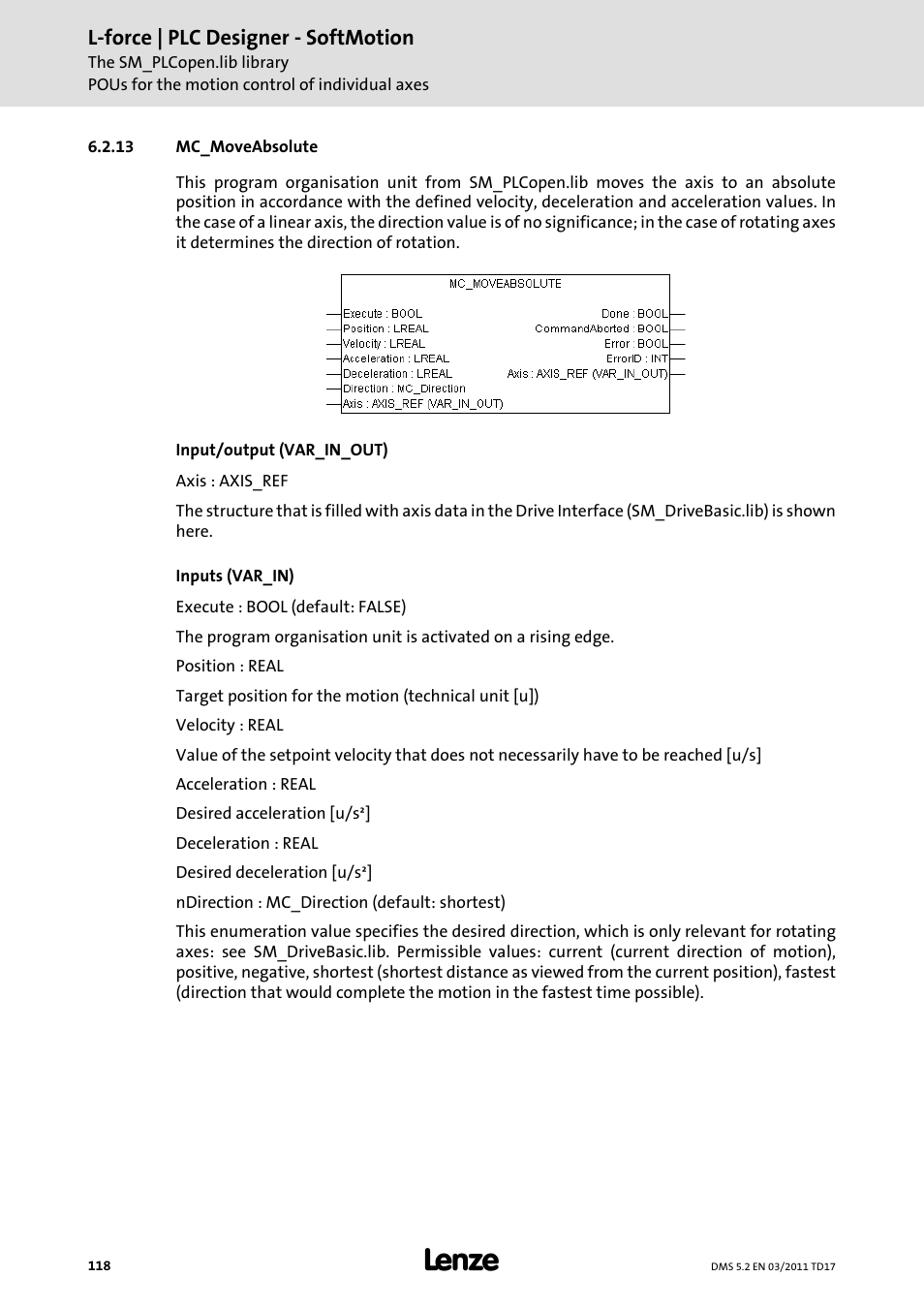 13 mc_moveabsolute, Mc_moveabsolute | Lenze PLC Designer PLC-Designer (R2-x) SoftMotion User Manual | Page 118 / 290