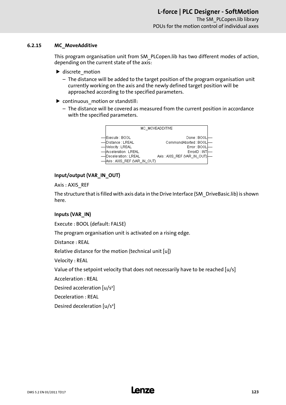 15 mc_moveadditive, Mc_moveadditive, L-force | plc designer - softmotion | Lenze PLC Designer PLC-Designer (R2-x) SoftMotion User Manual | Page 123 / 290