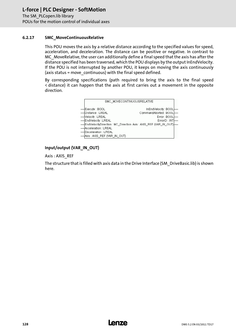 17 smc_movecontinuousrelative, Smc_movecontinuousrelative | Lenze PLC Designer PLC-Designer (R2-x) SoftMotion User Manual | Page 128 / 290