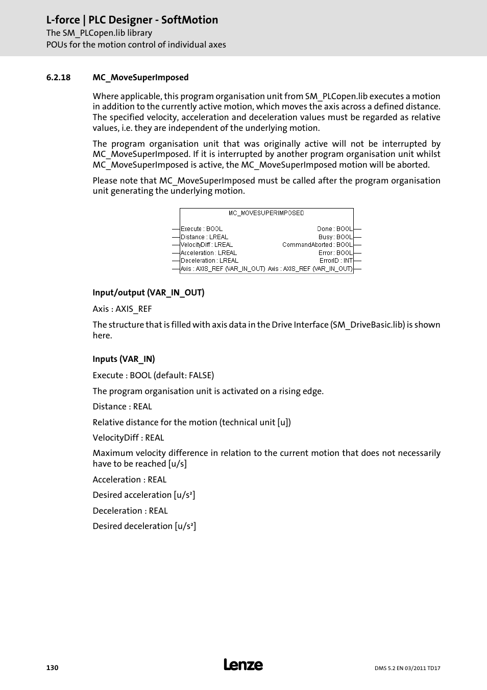 18 mc_movesuperimposed, Mc_movesuperimposed | Lenze PLC Designer PLC-Designer (R2-x) SoftMotion User Manual | Page 130 / 290