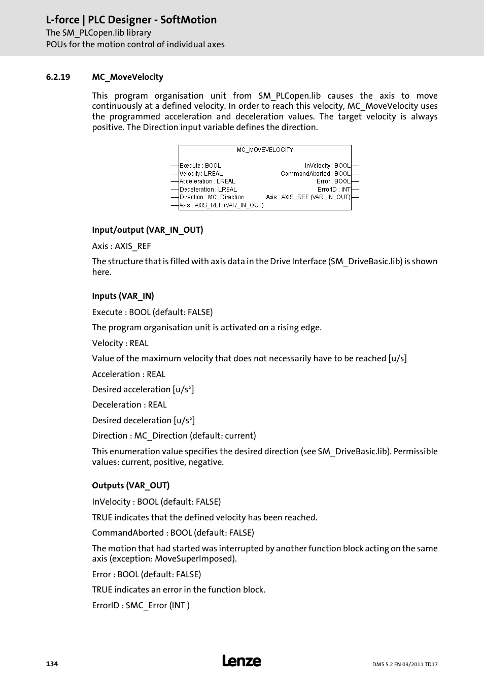 19 mc_movevelocity, Mc_movevelocity | Lenze PLC Designer PLC-Designer (R2-x) SoftMotion User Manual | Page 134 / 290