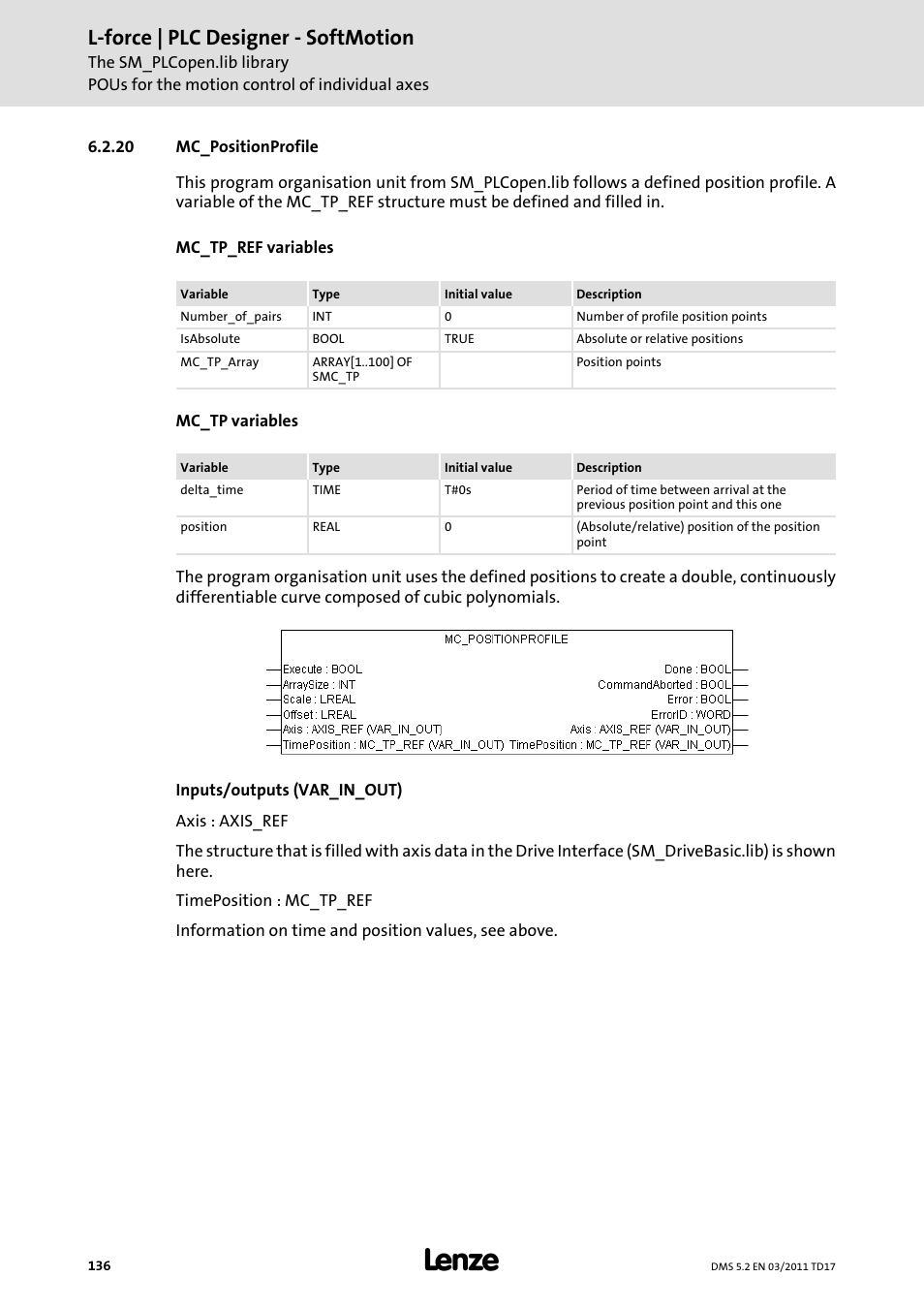 20 mc_positionprofile, Mc_positionprofile, L-force | plc designer - softmotion | Lenze PLC Designer PLC-Designer (R2-x) SoftMotion User Manual | Page 136 / 290