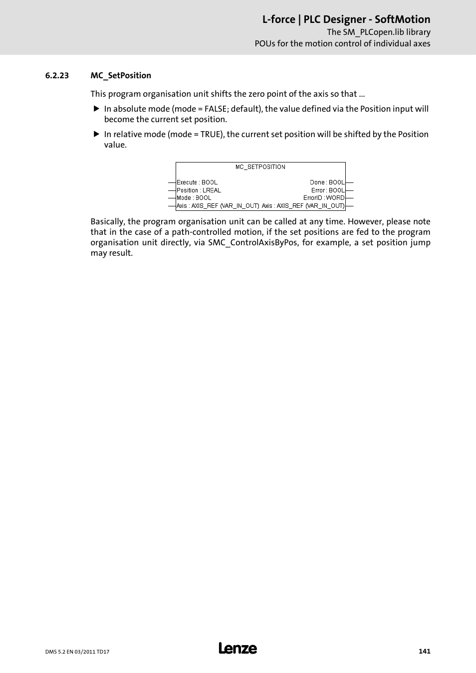 23 mc_setposition, Mc_setposition | Lenze PLC Designer PLC-Designer (R2-x) SoftMotion User Manual | Page 141 / 290