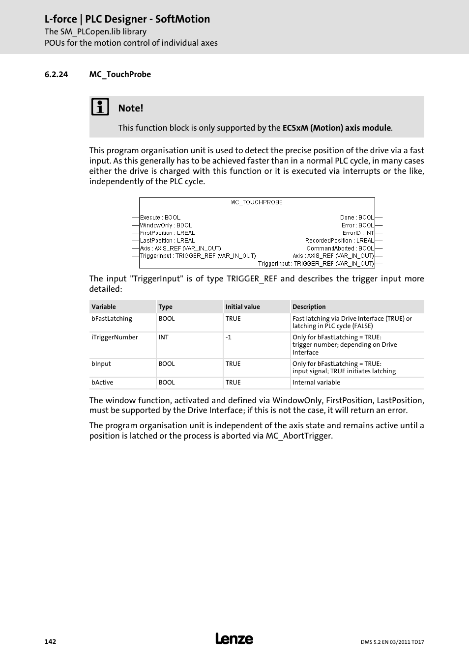 24 mc_touchprobe, Mc_touchprobe, L-force | plc designer - softmotion | Lenze PLC Designer PLC-Designer (R2-x) SoftMotion User Manual | Page 142 / 290