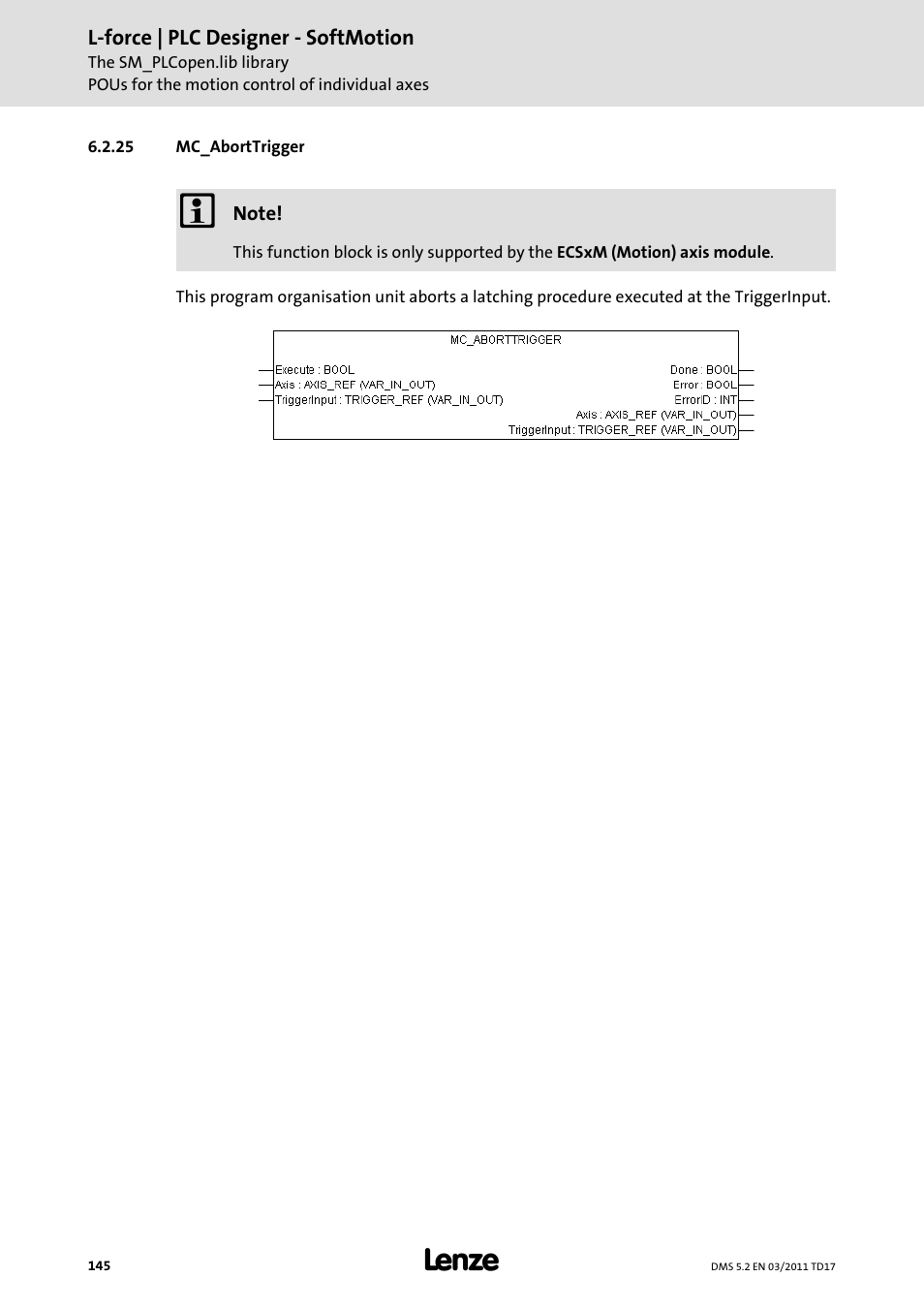25 mc_aborttrigger, Mc_aborttrigger | Lenze PLC Designer PLC-Designer (R2-x) SoftMotion User Manual | Page 145 / 290
