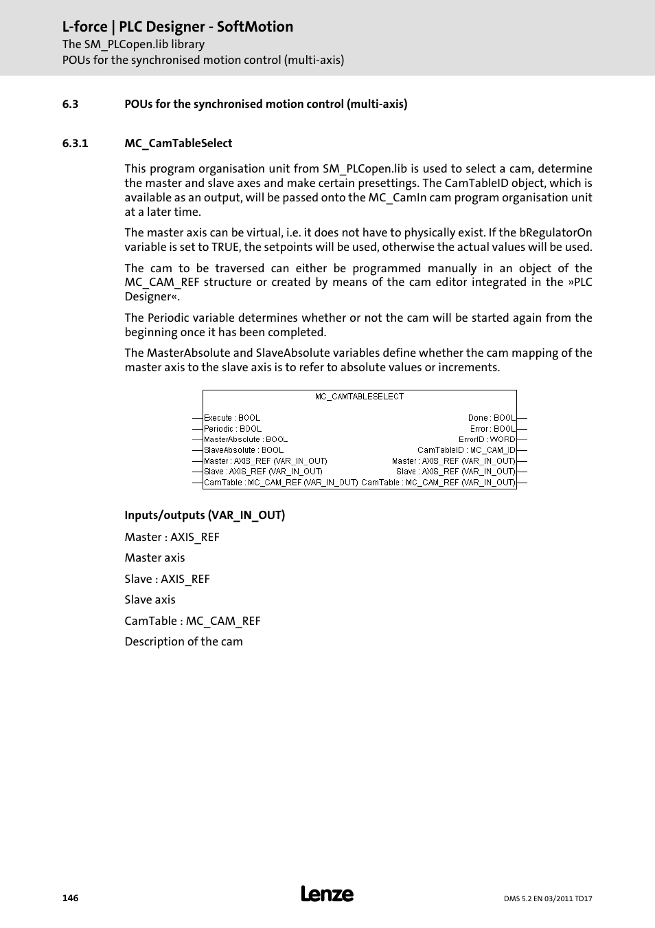 1 mc_camtableselect, Mc_camtableselect, L-force | plc designer - softmotion | Lenze PLC Designer PLC-Designer (R2-x) SoftMotion User Manual | Page 146 / 290