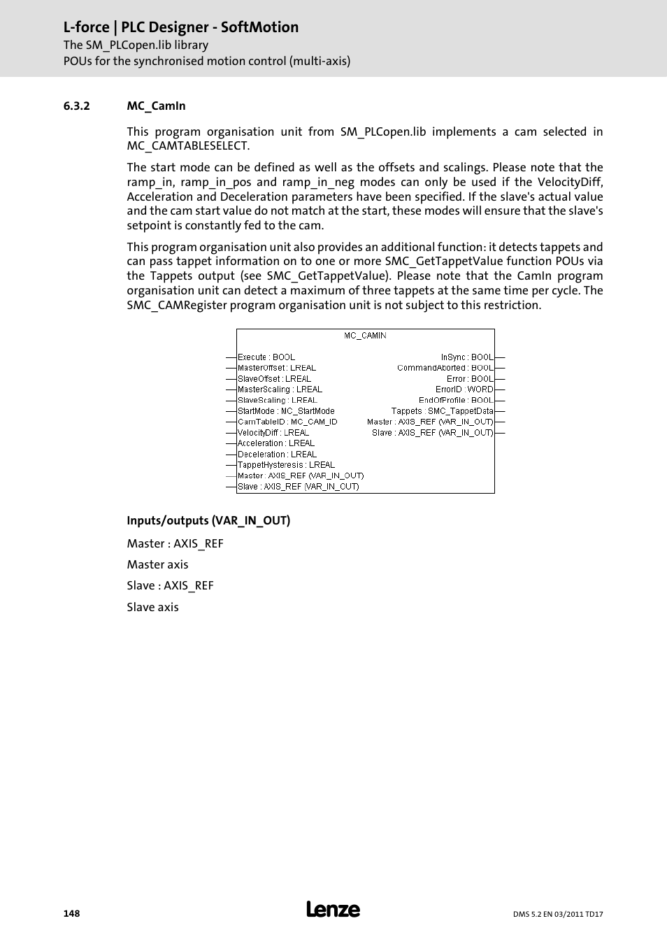 2 mc_camin, Mc_camin | Lenze PLC Designer PLC-Designer (R2-x) SoftMotion User Manual | Page 148 / 290