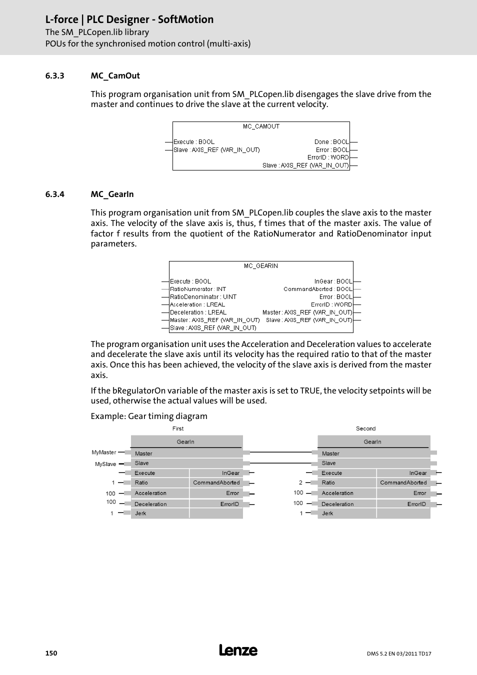 3 mc_camout, 4 mc_gearin, Mc_camout | Mc_gearin, L-force | plc designer - softmotion | Lenze PLC Designer PLC-Designer (R2-x) SoftMotion User Manual | Page 150 / 290