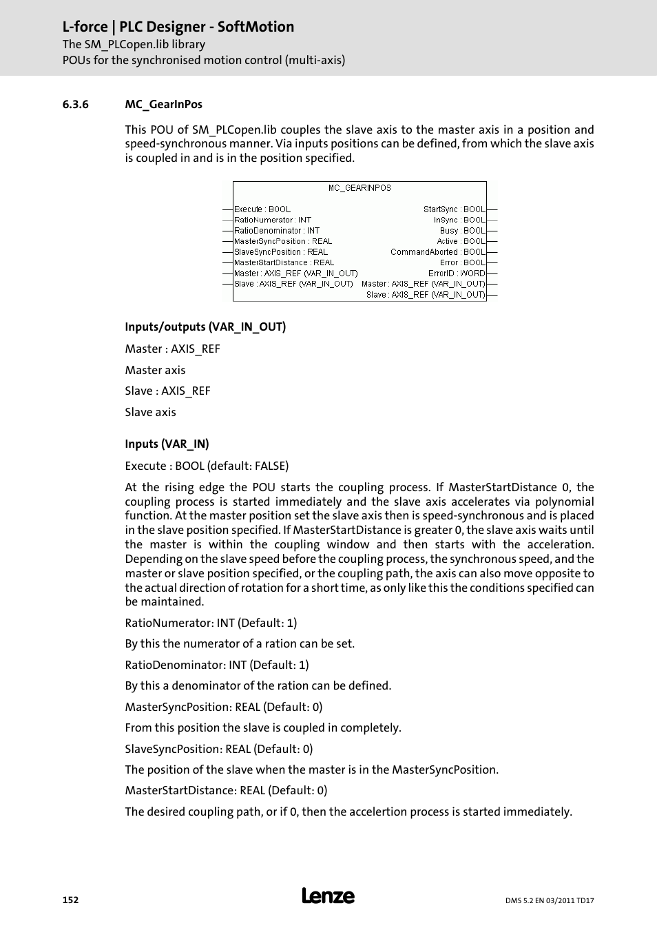6 mc_gearinpos, Mc_gearinpos, L-force | plc designer - softmotion | Lenze PLC Designer PLC-Designer (R2-x) SoftMotion User Manual | Page 152 / 290