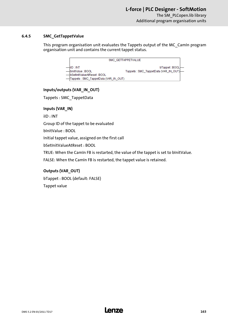 5 smc_gettappetvalue, Smc_gettappetvalue | Lenze PLC Designer PLC-Designer (R2-x) SoftMotion User Manual | Page 163 / 290