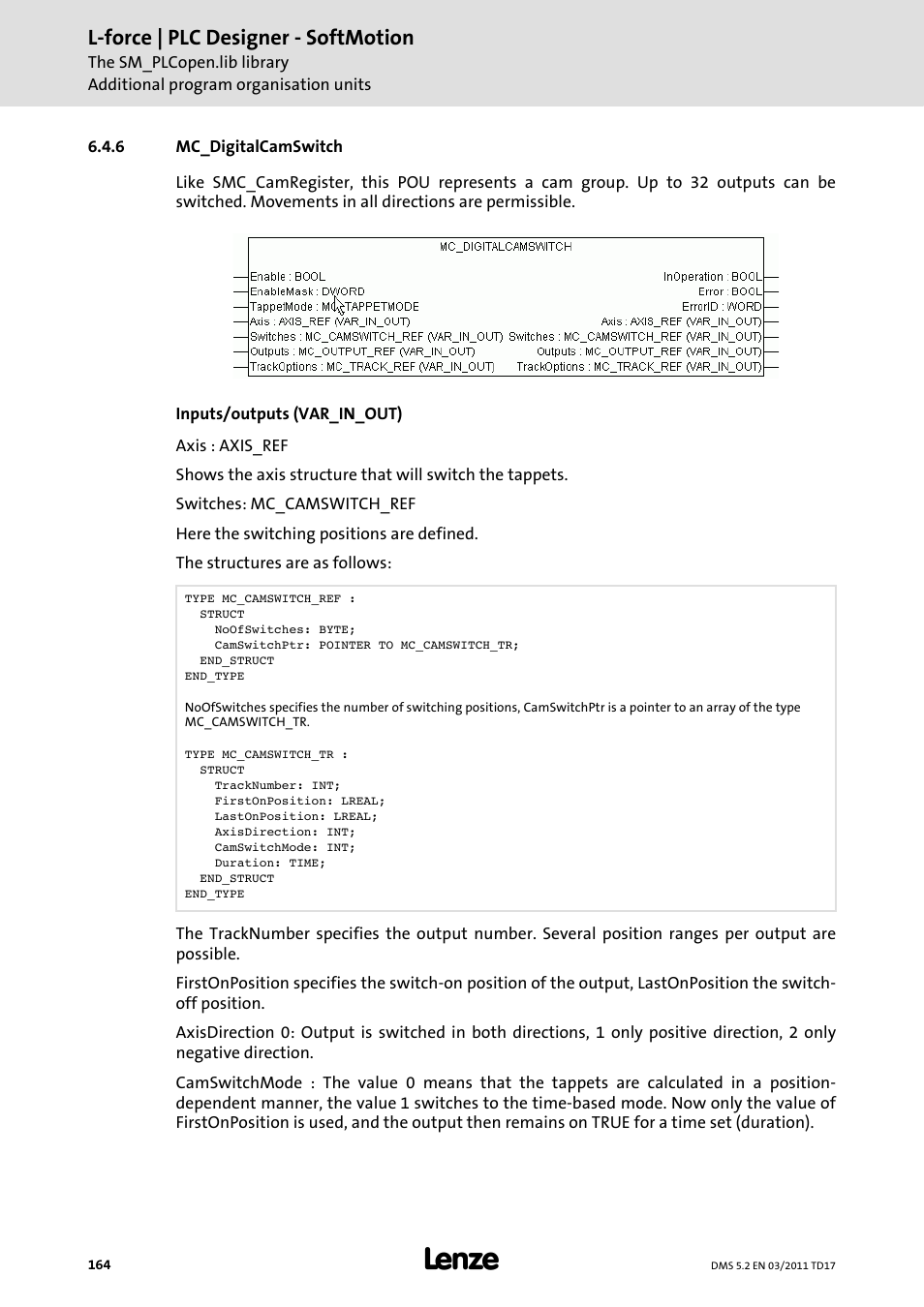 6 mc_digitalcamswitch, Mc_digitalcamswitch, L-force | plc designer - softmotion | Lenze PLC Designer PLC-Designer (R2-x) SoftMotion User Manual | Page 164 / 290