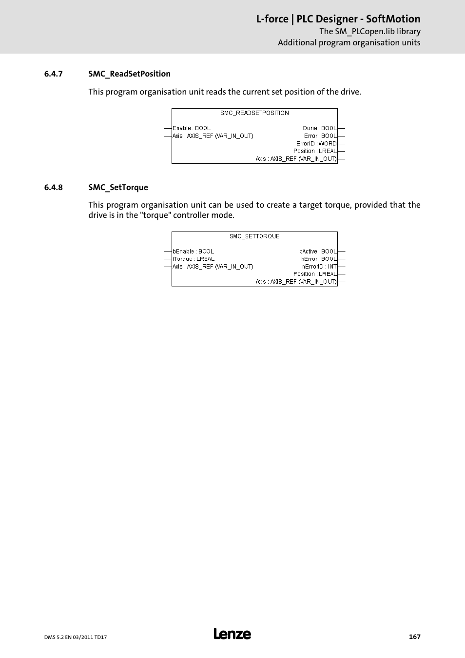 7 smc_readsetposition, 8 smc_settorque, Smc_readsetposition | Smc_settorque, Torque/force (see, And write the | Lenze PLC Designer PLC-Designer (R2-x) SoftMotion User Manual | Page 167 / 290