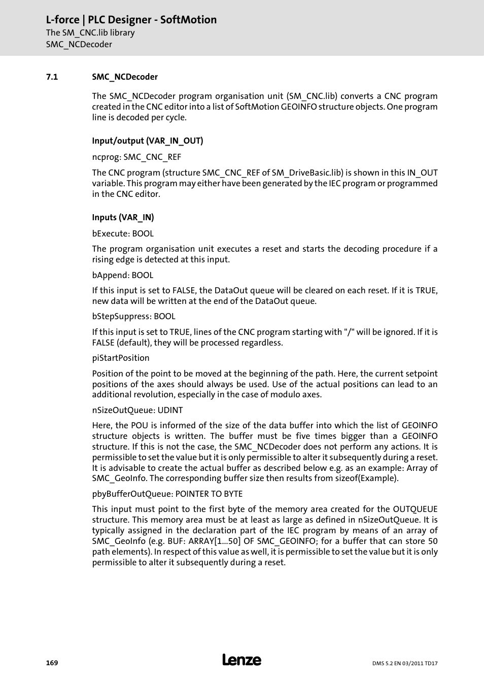 1 smc_ncdecoder, Smc_ncdecoder, L-force | plc designer - softmotion | Lenze PLC Designer PLC-Designer (R2-x) SoftMotion User Manual | Page 169 / 290