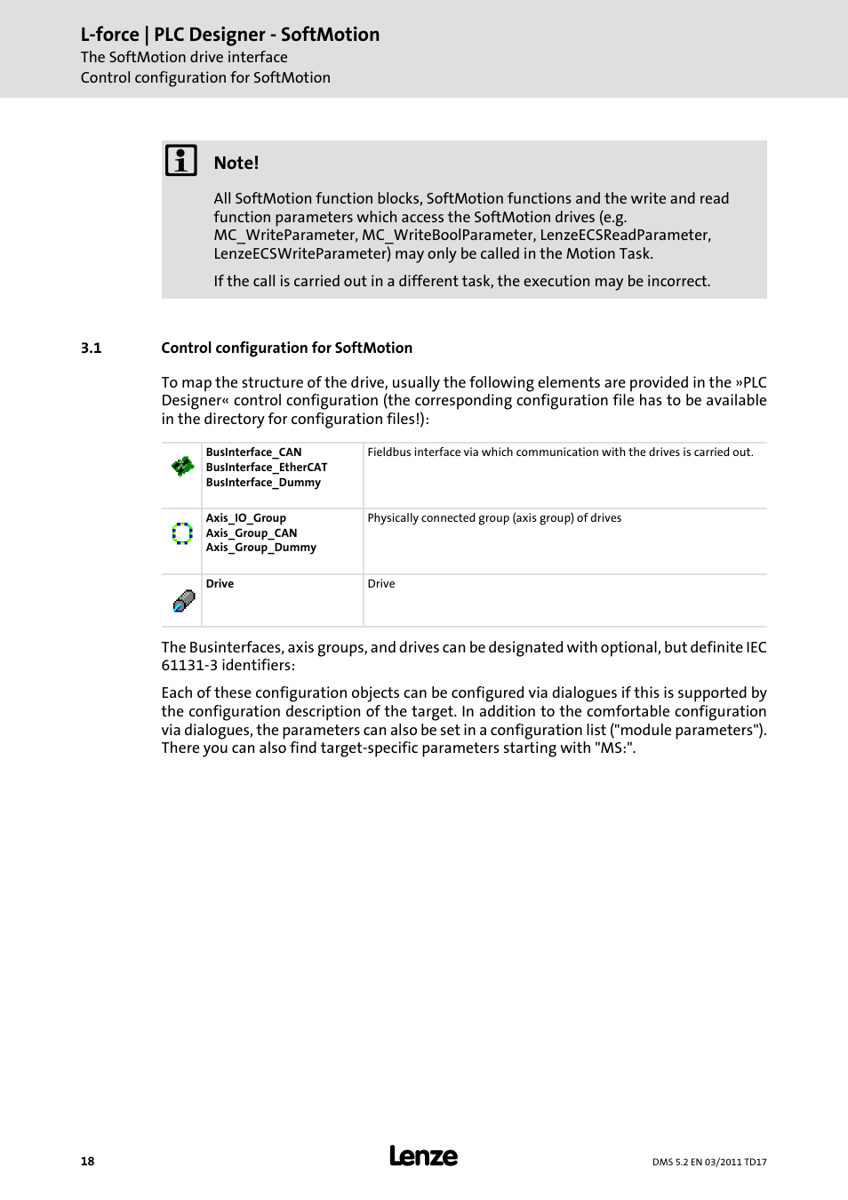 1 control configuration for softmotion, Control configuration for softmotion, L-force | plc designer - softmotion | Lenze PLC Designer PLC-Designer (R2-x) SoftMotion User Manual | Page 18 / 290