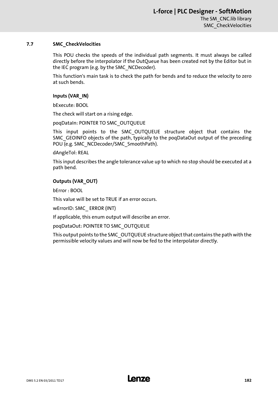 7 smc_checkvelocities, Smc_checkvelocities | Lenze PLC Designer PLC-Designer (R2-x) SoftMotion User Manual | Page 182 / 290