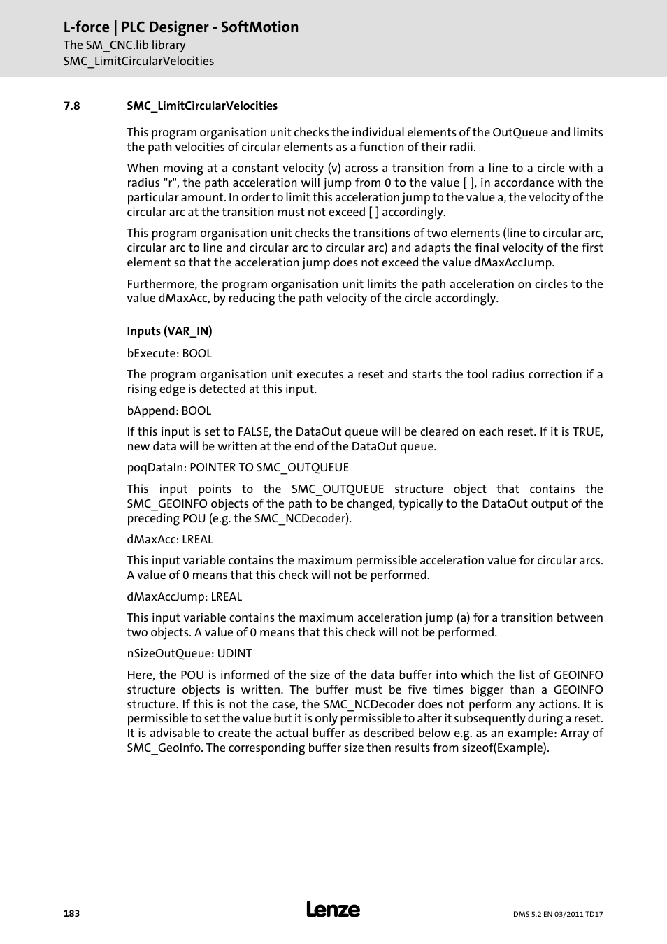 8 smc_limitcircularvelocities, Smc_limitcircularvelocities, L-force | plc designer - softmotion | Lenze PLC Designer PLC-Designer (R2-x) SoftMotion User Manual | Page 183 / 290