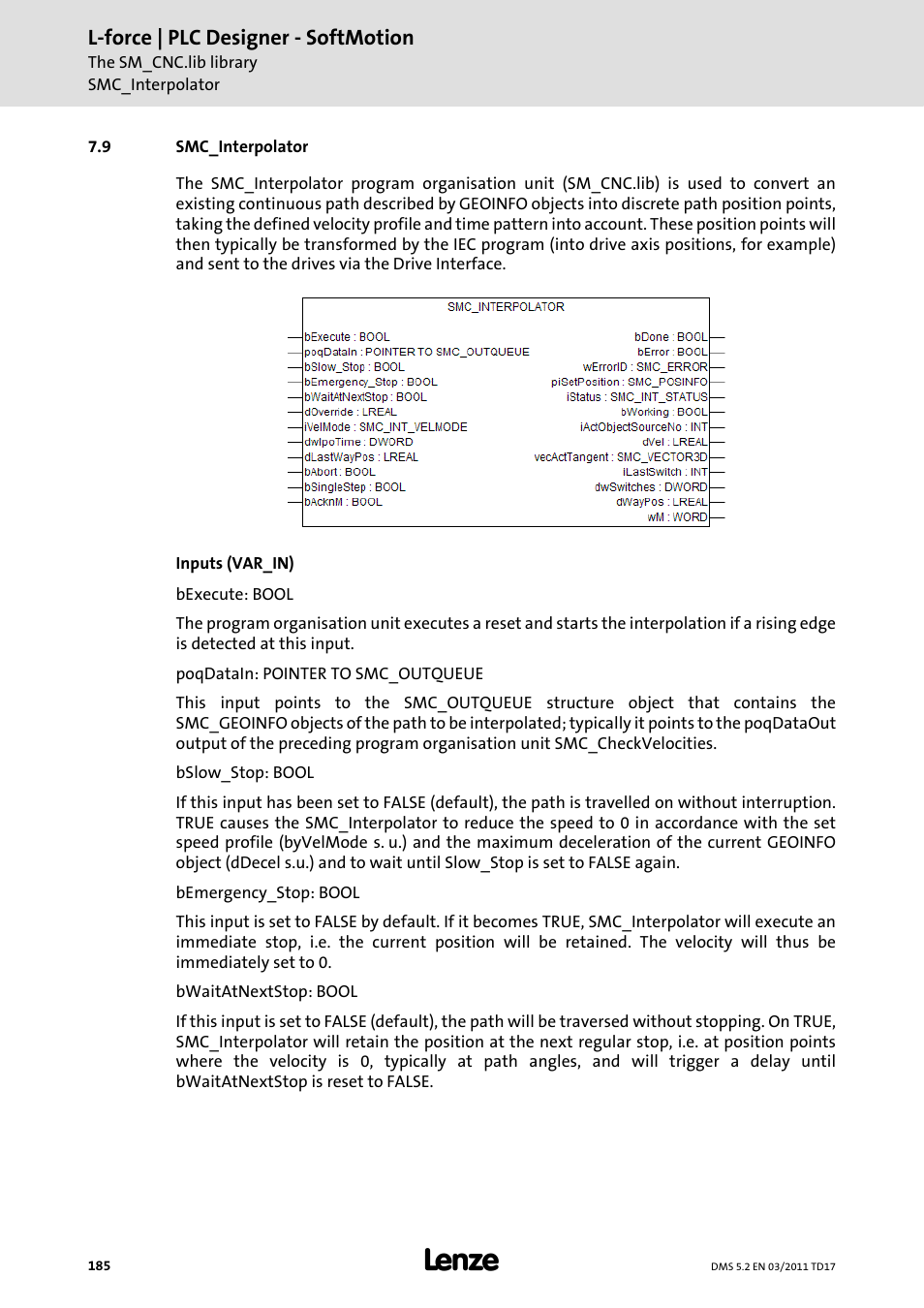 9 smc_interpolator, Smc_interpolator, L-force | plc designer - softmotion | Lenze PLC Designer PLC-Designer (R2-x) SoftMotion User Manual | Page 185 / 290