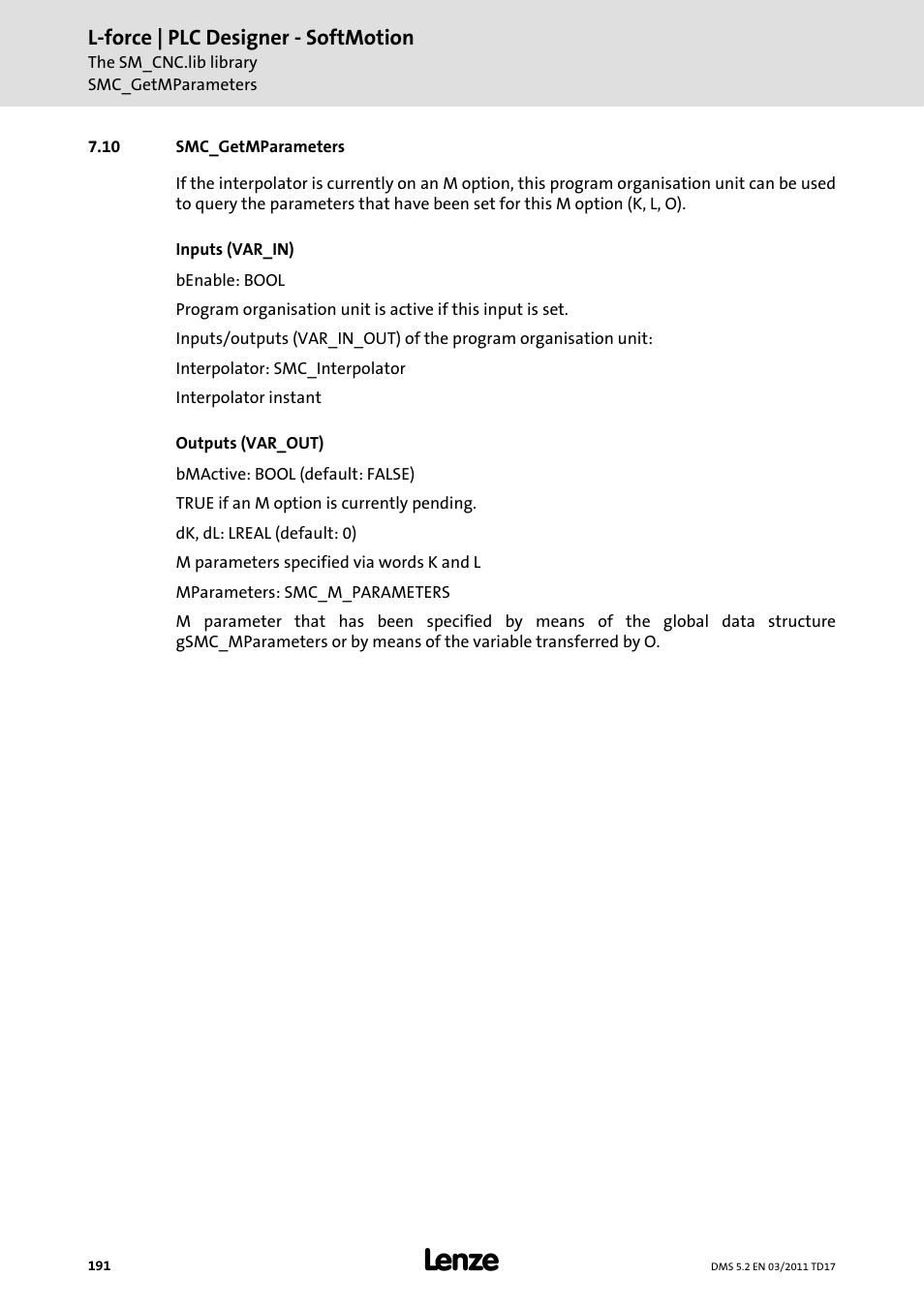 10 smc_getmparameters, Smc_getmparameters | Lenze PLC Designer PLC-Designer (R2-x) SoftMotion User Manual | Page 191 / 290