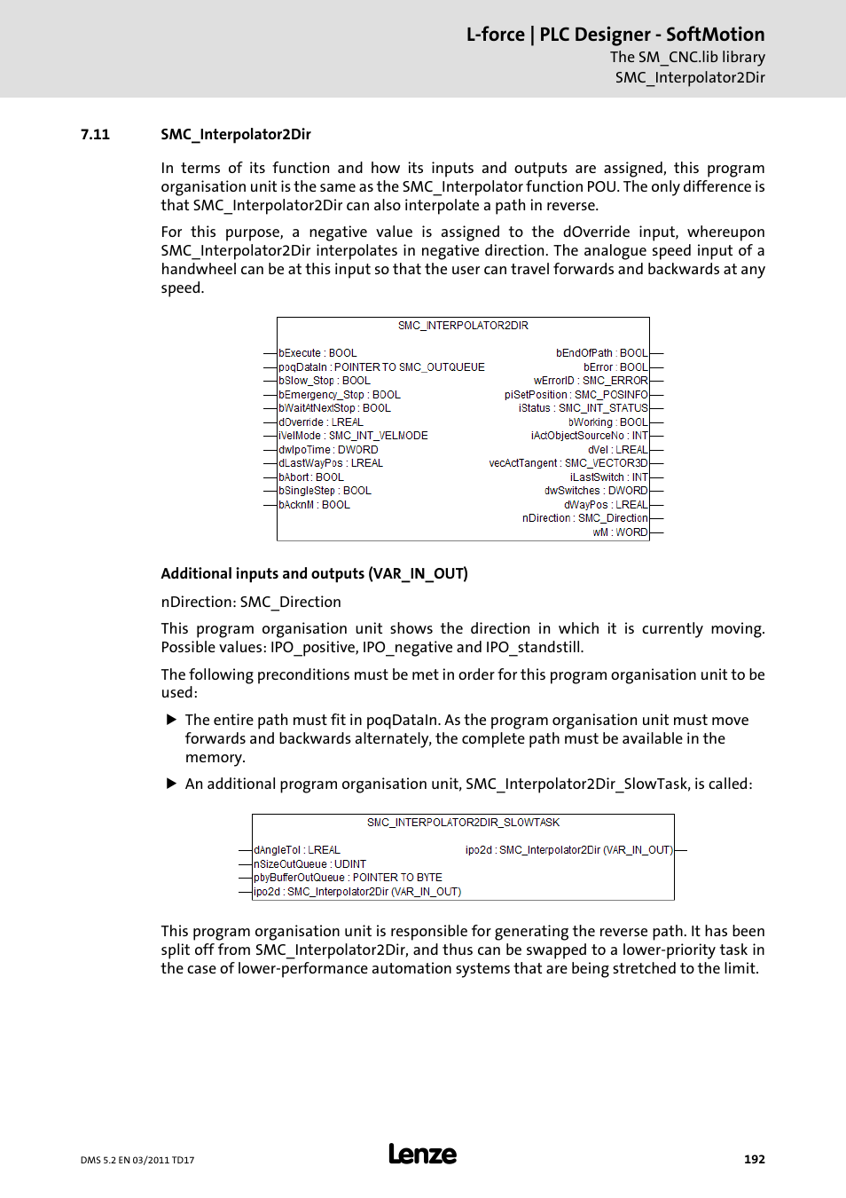 11 smc_interpolator2dir, Smc_interpolator2dir, L-force | plc designer - softmotion | Lenze PLC Designer PLC-Designer (R2-x) SoftMotion User Manual | Page 192 / 290