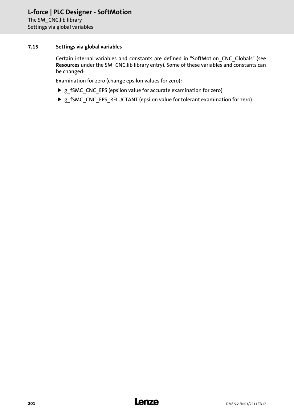 15 settings via global variables, Settings via global variables | Lenze PLC Designer PLC-Designer (R2-x) SoftMotion User Manual | Page 201 / 290