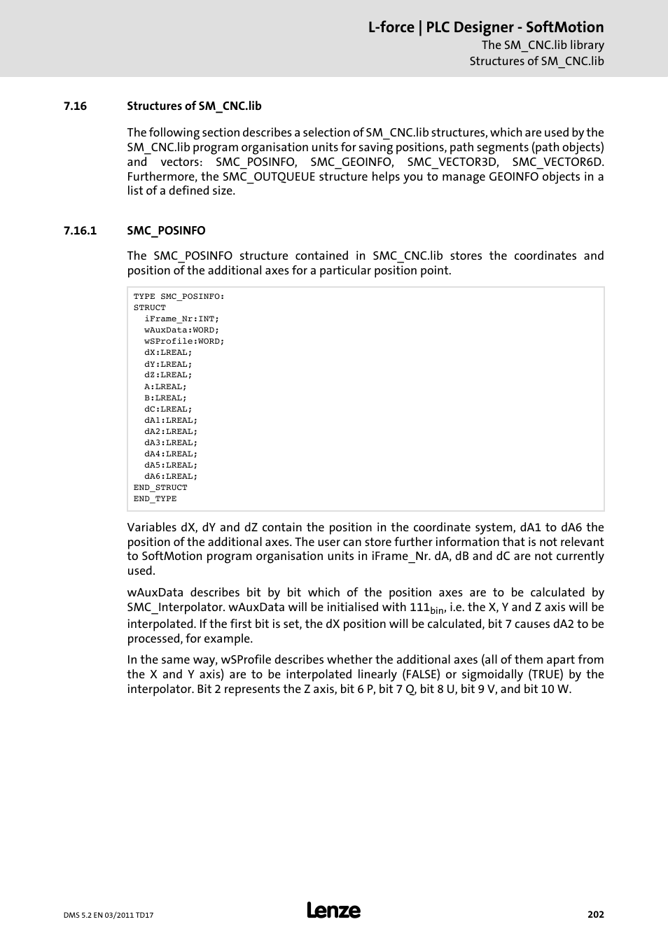 16 structures of sm_cnc.lib, 1 smc_posinfo, Structures of sm_cnc.lib | Smc_posinfo, L-force | plc designer - softmotion | Lenze PLC Designer PLC-Designer (R2-x) SoftMotion User Manual | Page 202 / 290
