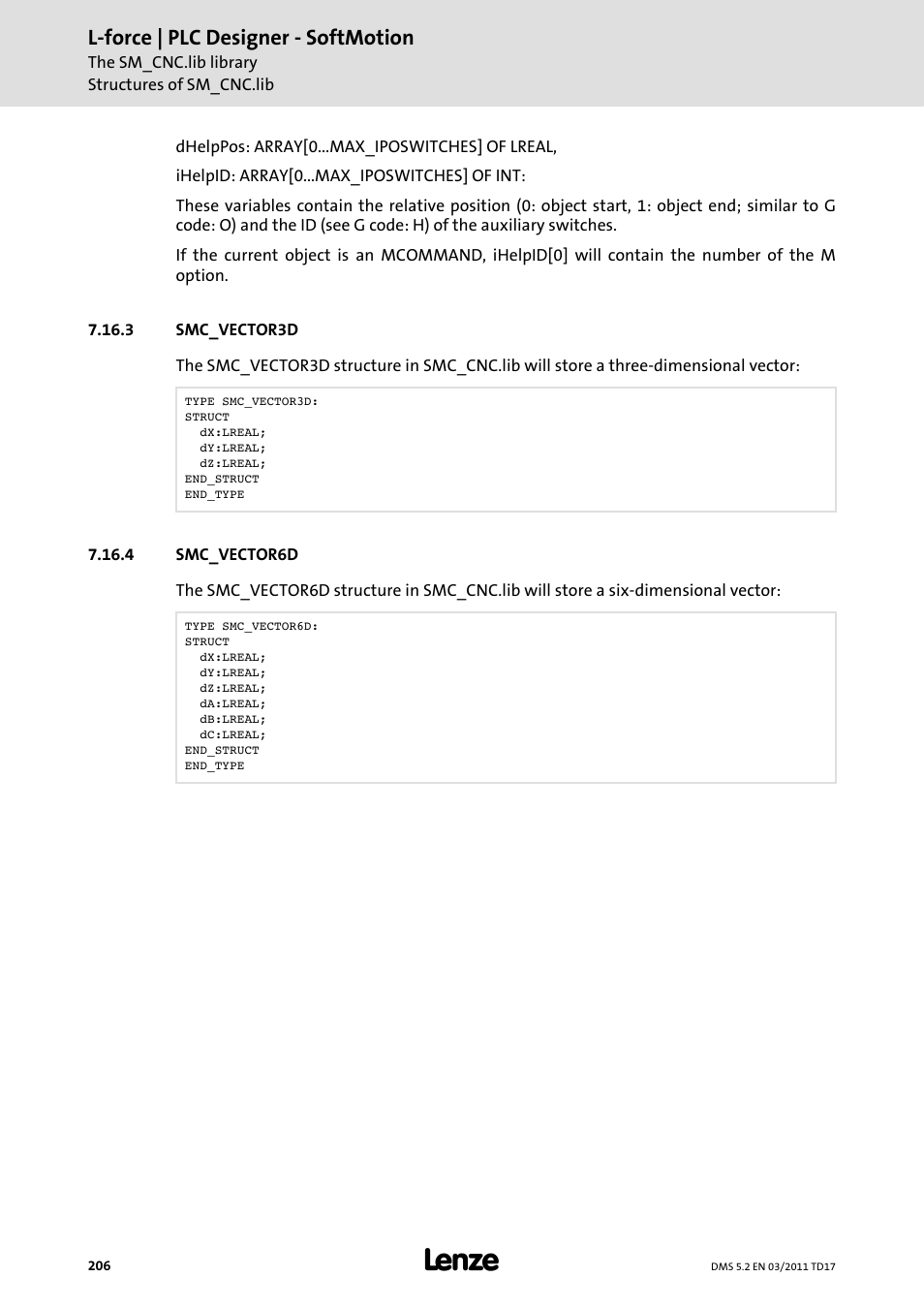 3 smc_vector3d, 4 smc_vector6d, Smc_vector3d | Smc_vector6d, L-force | plc designer - softmotion | Lenze PLC Designer PLC-Designer (R2-x) SoftMotion User Manual | Page 206 / 290