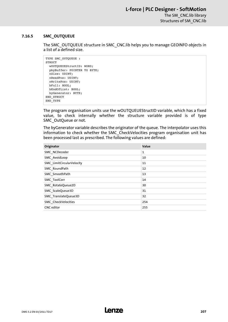 5 smc_outqueue, Smc_outqueue, L-force | plc designer - softmotion | Lenze PLC Designer PLC-Designer (R2-x) SoftMotion User Manual | Page 207 / 290