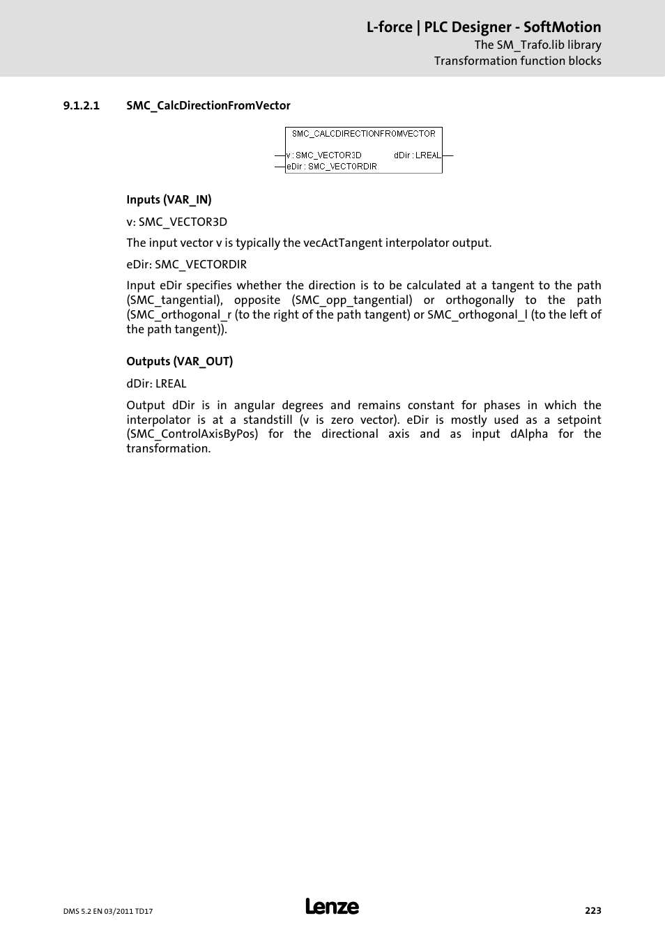 1 smc_calcdirectionfromvector | Lenze PLC Designer PLC-Designer (R2-x) SoftMotion User Manual | Page 223 / 290