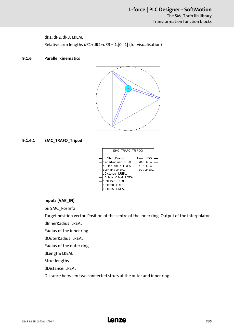 6 parallel kinematics, 1 smc_trafo_tripod, Parallel kinematics | Lenze PLC Designer PLC-Designer (R2-x) SoftMotion User Manual | Page 235 / 290