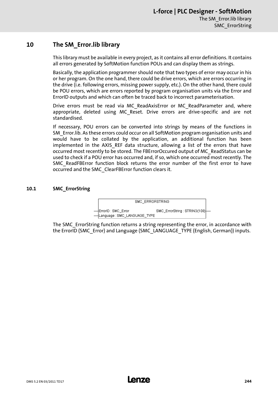 10 the sm_error.lib library, 1 smc_errorstring, The sm_error.lib library | Smc_errorstring, L-force | plc designer - softmotion | Lenze PLC Designer PLC-Designer (R2-x) SoftMotion User Manual | Page 244 / 290