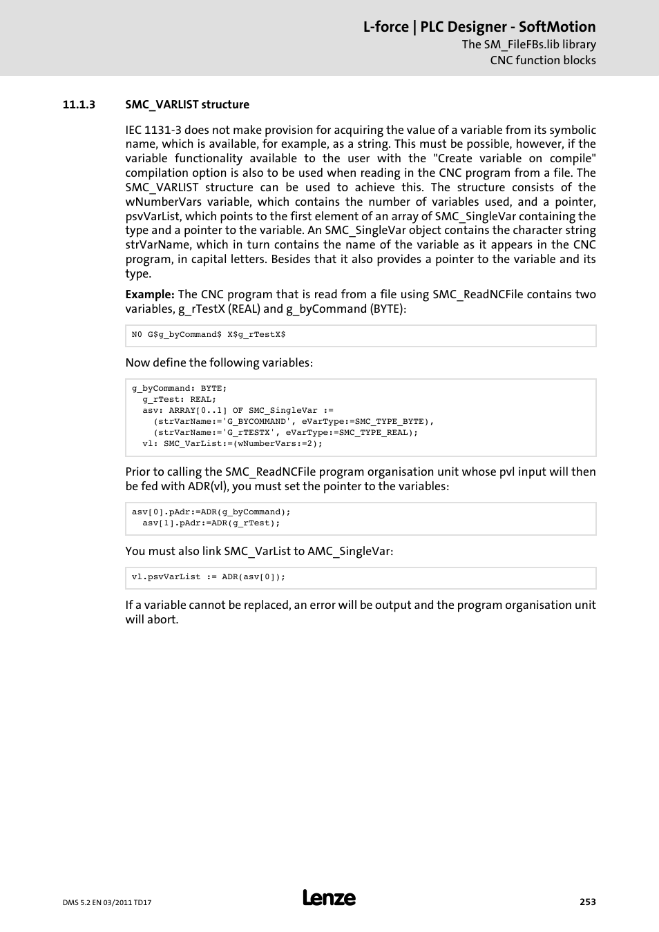 3 smc_varlist structure, Smc_varlist structure, L-force | plc designer - softmotion | Lenze PLC Designer PLC-Designer (R2-x) SoftMotion User Manual | Page 253 / 290
