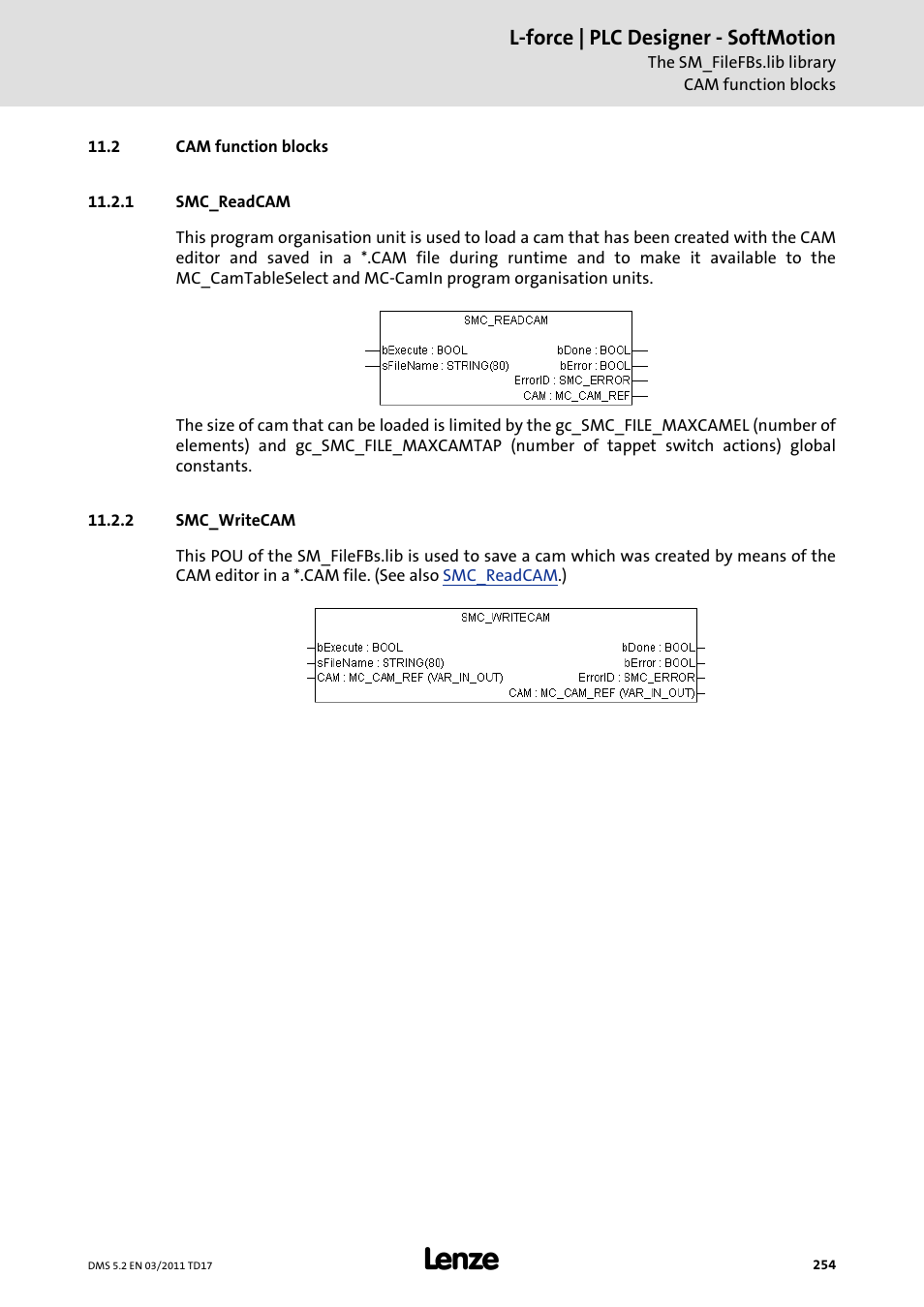 2 cam function blocks, 1 smc_readcam, 2 smc_writecam | Cam function blocks, Smc_readcam, Smc_writecam, L-force | plc designer - softmotion | Lenze PLC Designer PLC-Designer (R2-x) SoftMotion User Manual | Page 254 / 290