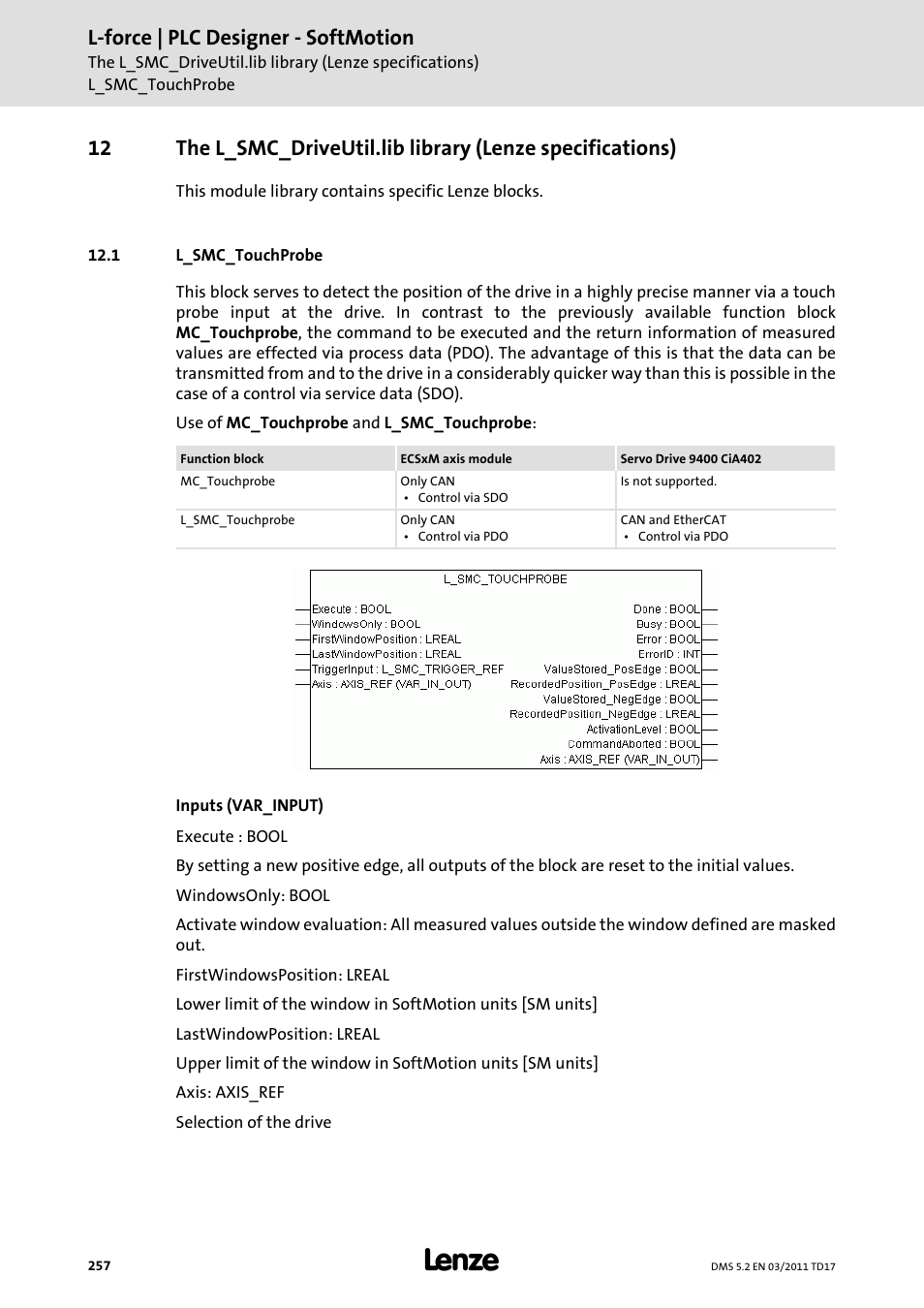 1 l_smc_touchprobe, L_smc_touchprobe, L_smc_touchprobe ( 257) | L-force | plc designer - softmotion | Lenze PLC Designer PLC-Designer (R2-x) SoftMotion User Manual | Page 257 / 290
