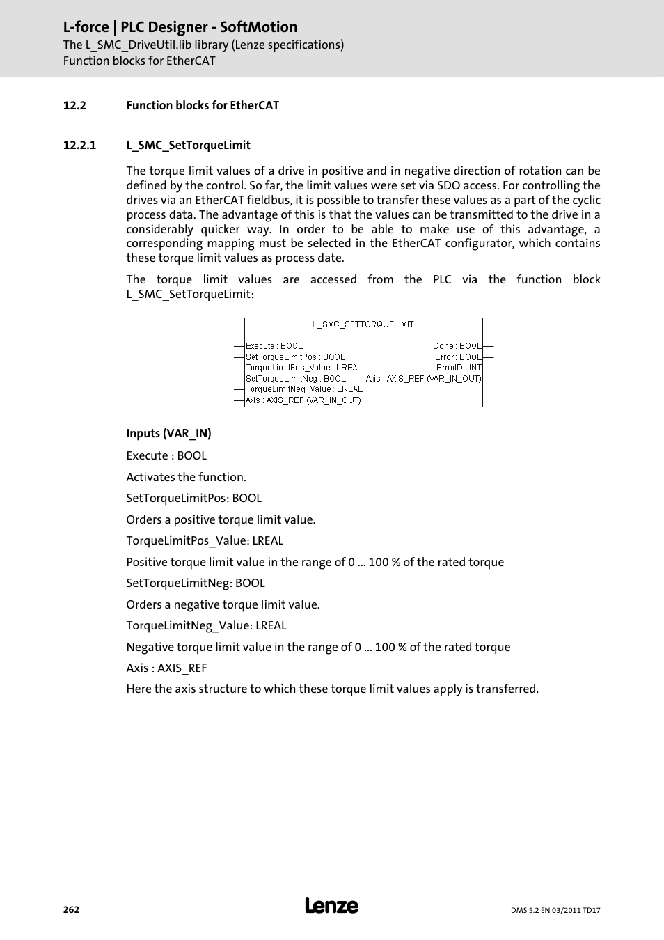 2 function blocks for ethercat, 1 l_smc_settorquelimit, Function blocks for ethercat | L_smc_settorquelimit | Lenze PLC Designer PLC-Designer (R2-x) SoftMotion User Manual | Page 262 / 290