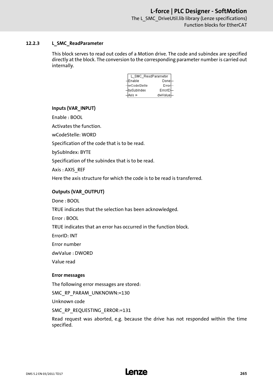 3 l_smc_readparameter, L_smc_readparameter | Lenze PLC Designer PLC-Designer (R2-x) SoftMotion User Manual | Page 265 / 290