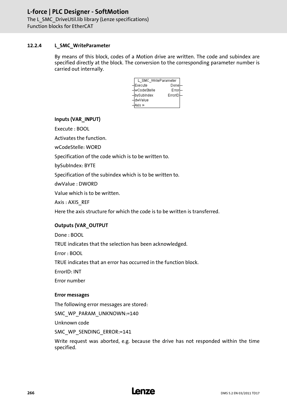 4 l_smc_writeparameter, L_smc_writeparameter | Lenze PLC Designer PLC-Designer (R2-x) SoftMotion User Manual | Page 266 / 290