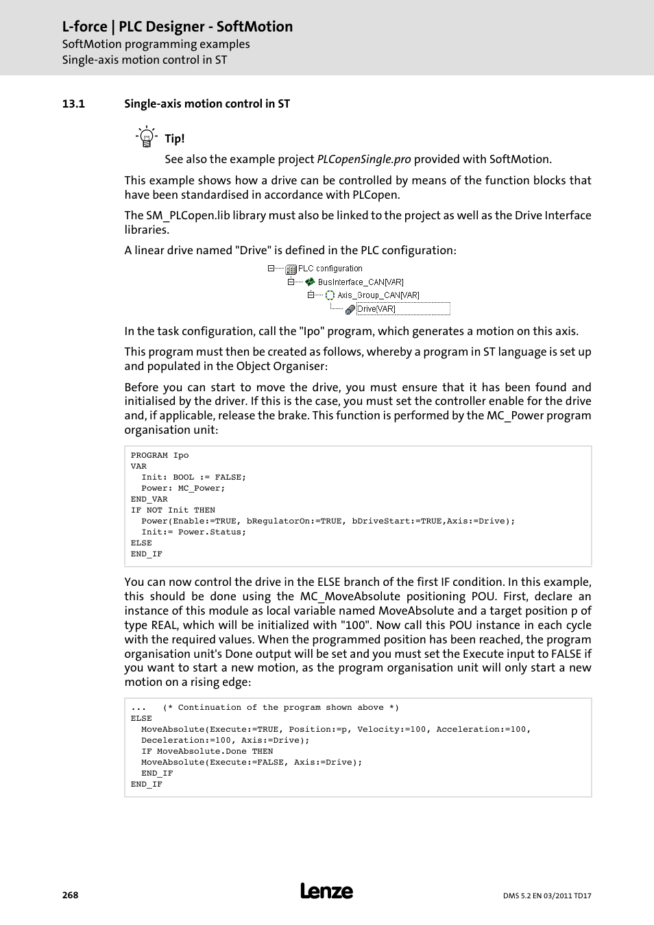 1 single-axis motion control in st, Single-axis motion control in st, L-force | plc designer - softmotion | Lenze PLC Designer PLC-Designer (R2-x) SoftMotion User Manual | Page 268 / 290