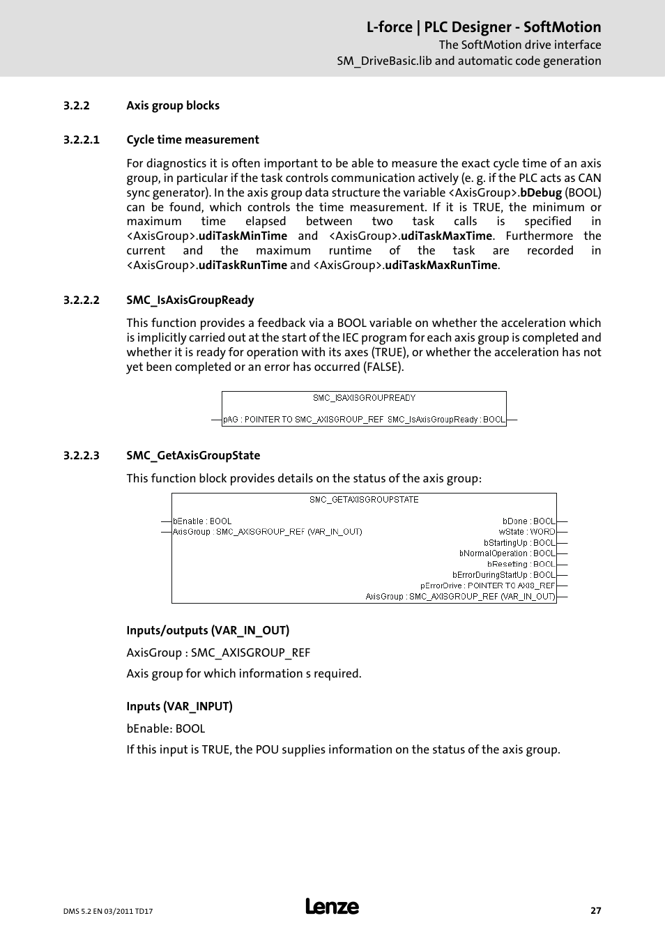 2 axis group blocks, 1 cycle time measurement, 2 smc_isaxisgroupready | 3 smc_getaxisgroupstate, Axis group blocks, L-force | plc designer - softmotion | Lenze PLC Designer PLC-Designer (R2-x) SoftMotion User Manual | Page 27 / 290