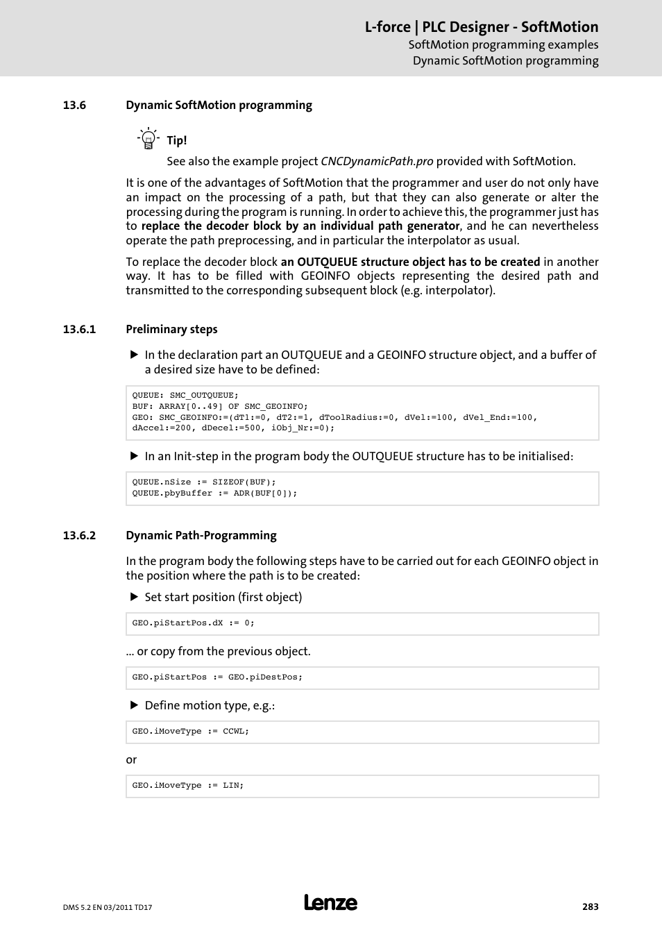 6 dynamic softmotion programming, 1 preliminary steps, 2 dynamic path-programming | Dynamic softmotion programming, Preliminary steps, Dynamic path-programming, L-force | plc designer - softmotion | Lenze PLC Designer PLC-Designer (R2-x) SoftMotion User Manual | Page 283 / 290