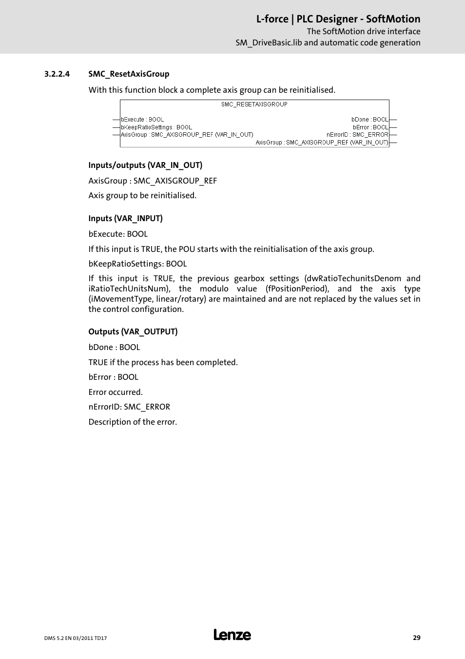 4 smc_resetaxisgroup | Lenze PLC Designer PLC-Designer (R2-x) SoftMotion User Manual | Page 29 / 290