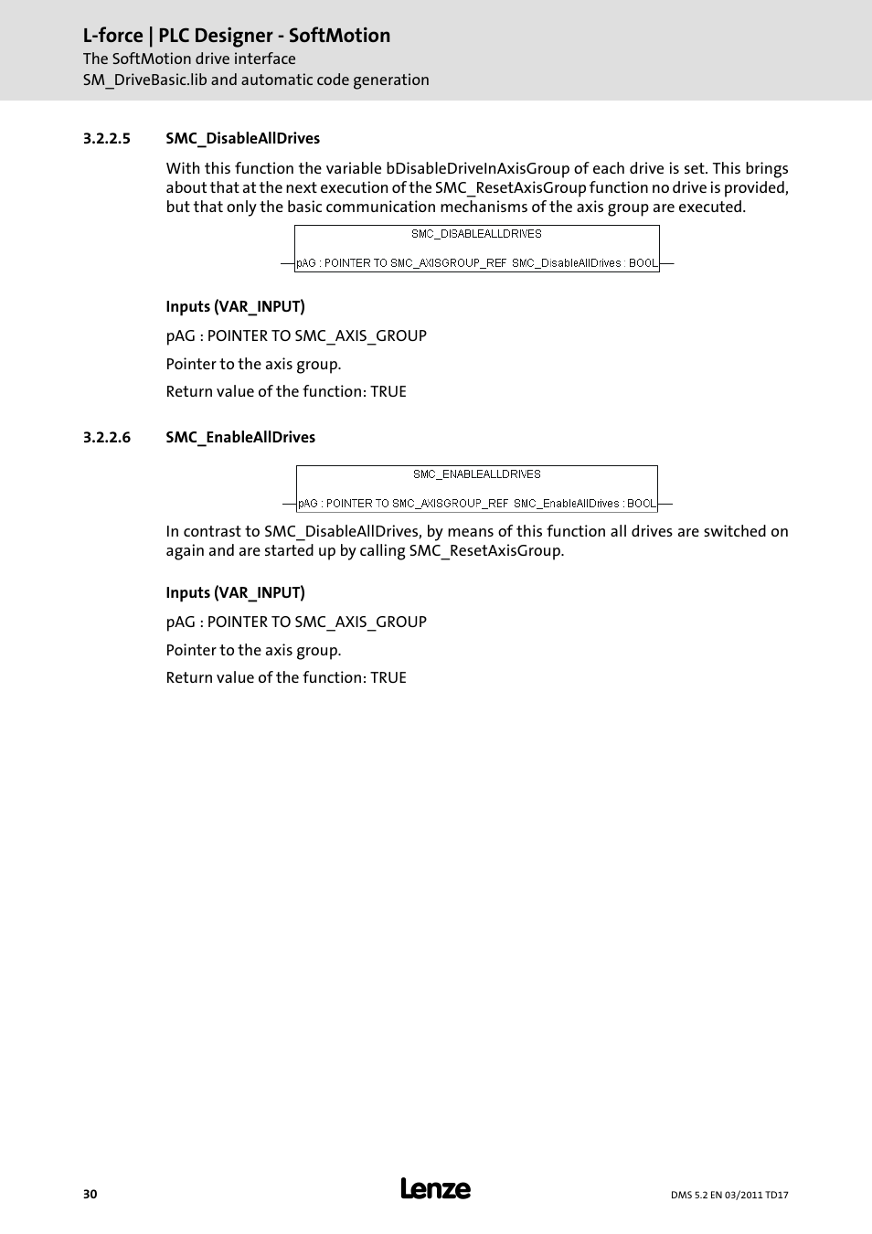 5 smc_disablealldrives, 6 smc_enablealldrives | Lenze PLC Designer PLC-Designer (R2-x) SoftMotion User Manual | Page 30 / 290