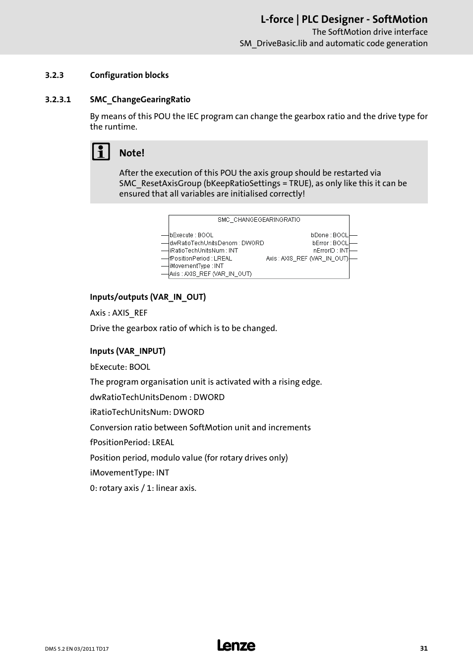 3 configuration blocks, 1 smc_changegearingratio, Configuration blocks | Lenze PLC Designer PLC-Designer (R2-x) SoftMotion User Manual | Page 31 / 290