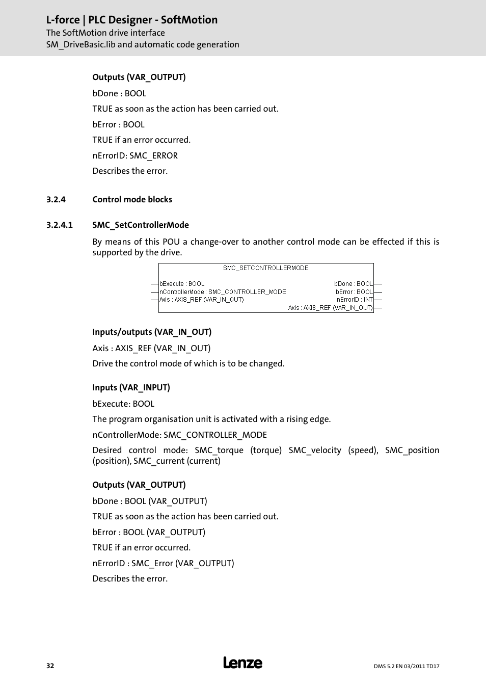 4 control mode blocks, 1 smc_setcontrollermode, Control mode blocks | Lenze PLC Designer PLC-Designer (R2-x) SoftMotion User Manual | Page 32 / 290