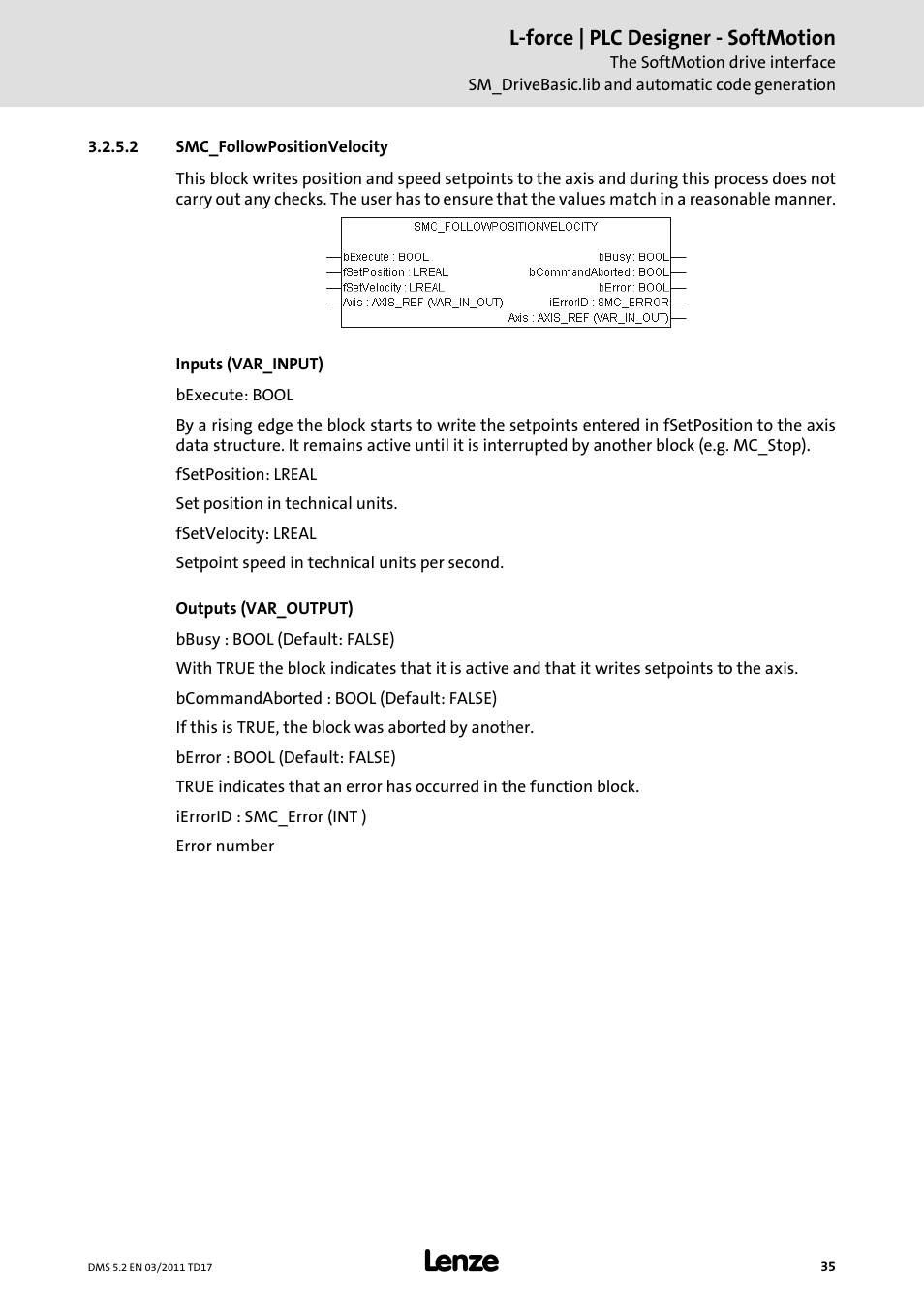 2 smc_followpositionvelocity | Lenze PLC Designer PLC-Designer (R2-x) SoftMotion User Manual | Page 35 / 290