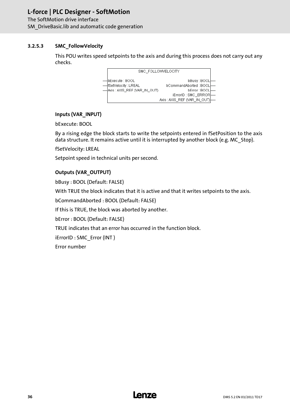 3 smc_followvelocity | Lenze PLC Designer PLC-Designer (R2-x) SoftMotion User Manual | Page 36 / 290