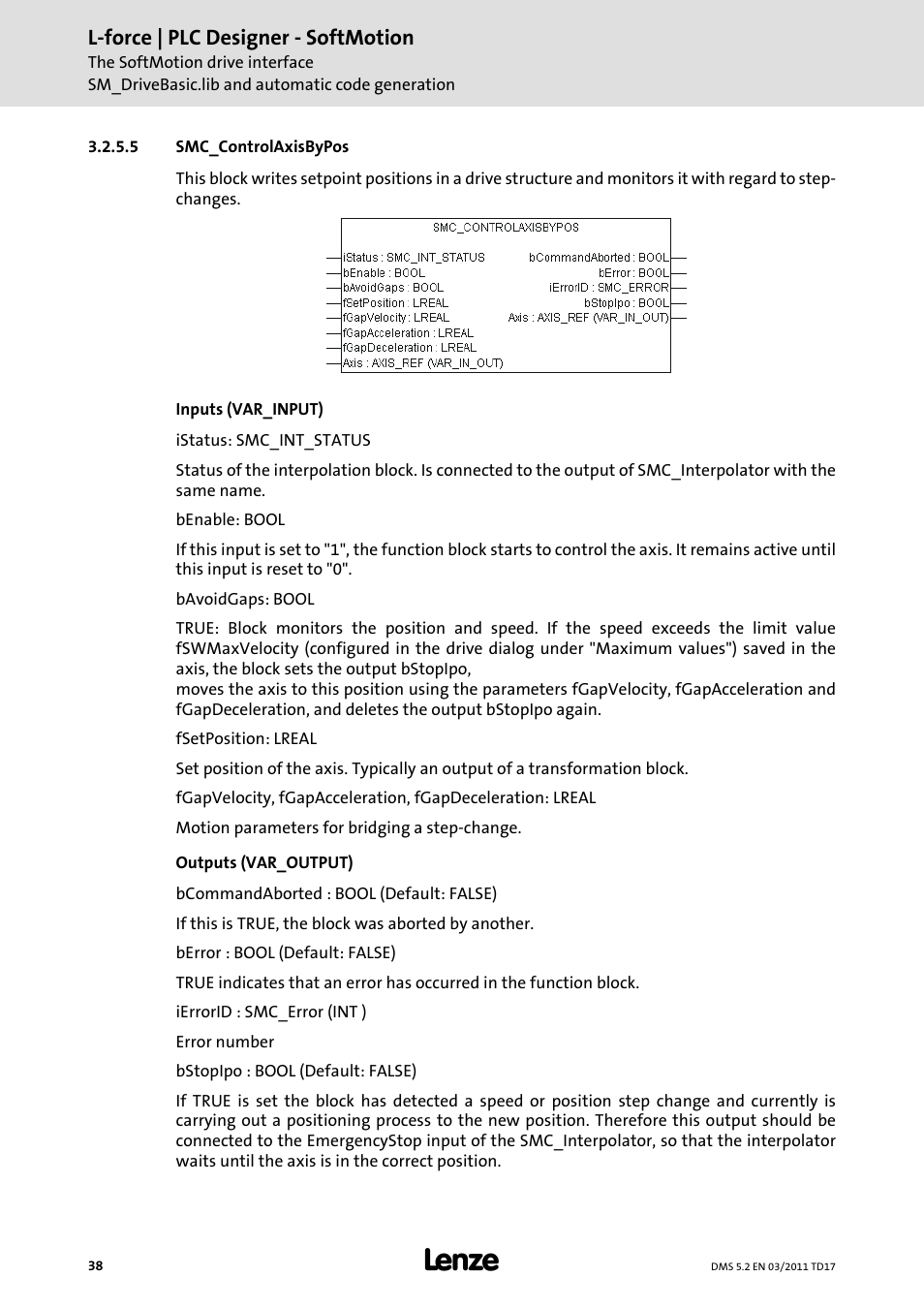 5 smc_controlaxisbypos, L-force | plc designer - softmotion | Lenze PLC Designer PLC-Designer (R2-x) SoftMotion User Manual | Page 38 / 290